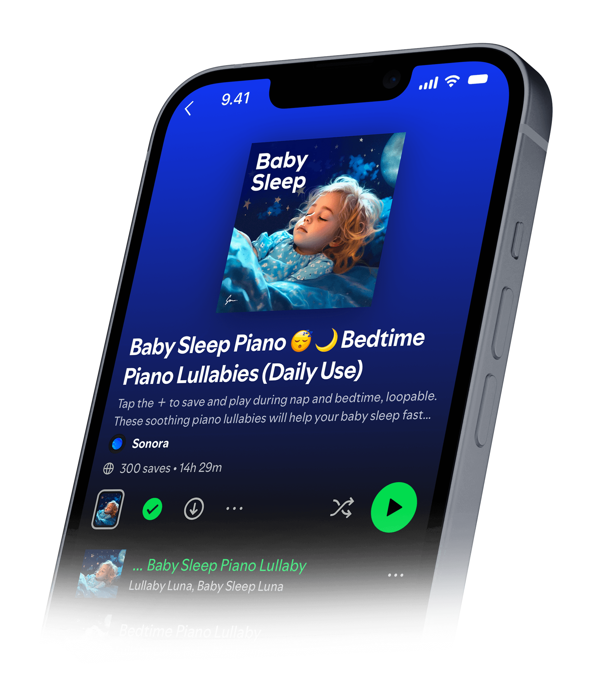 iPhone displaying Sonora playlists on Spotify — focus, sleep, and meditation music
